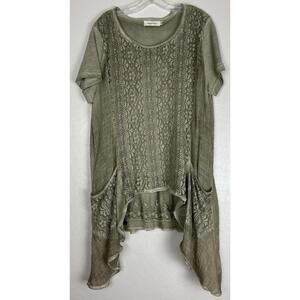 Simply‎ Couture Lace Mixed Media Fairy Lagenlook Tunic 1XL Green Pockets 1794